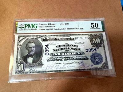 【Blue Auction】✨世界纸币精拍第454期【精】 -      【2625小号 手签】美国 伊利诺伊州 1902年50美金 次高值 大票幅 双面雕刻非常精美 油墨光鲜 正面人物为威廉·麦金莱总统时期的美国国务卿约翰·谢尔曼 背面大场景 露奶的缪斯女神设计非常清新甜美 工厂冒着灰烟和时代的列车标志着美国加速工业化进程 PMG50 