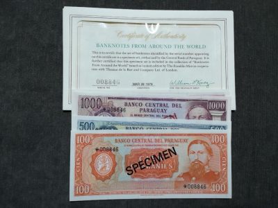 各国外币第28期 - 巴拉圭一套5张样票样钞 全新带证书