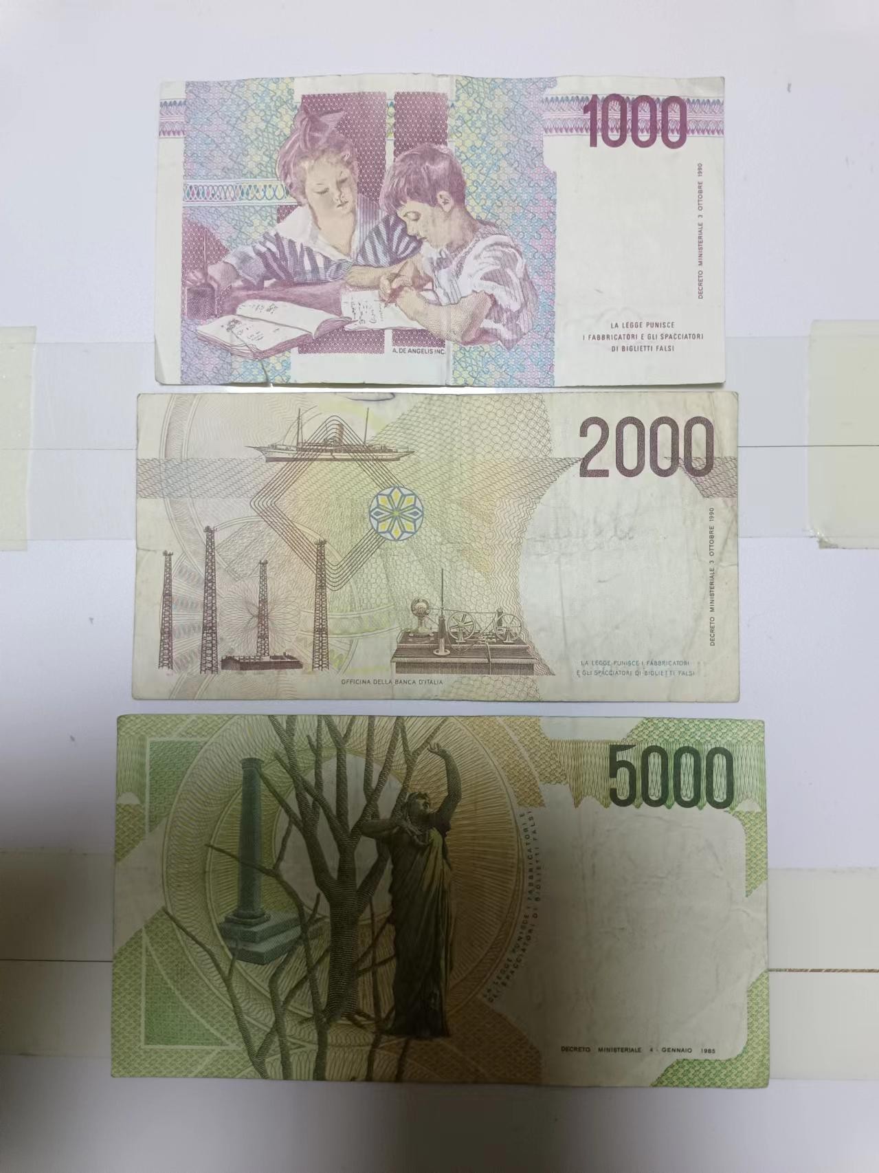 【20240328】非全新纸币第125场 意大利3张纸币小全套，有裂缝和字迹