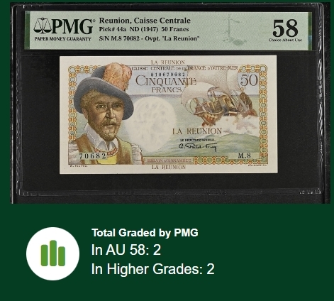 【Blue Auction】✨世界纸币精拍第454期【精】 【无加盖版 仅2张更高分少见】留尼旺 1947年50法郎 经典白奶球 PMG58 