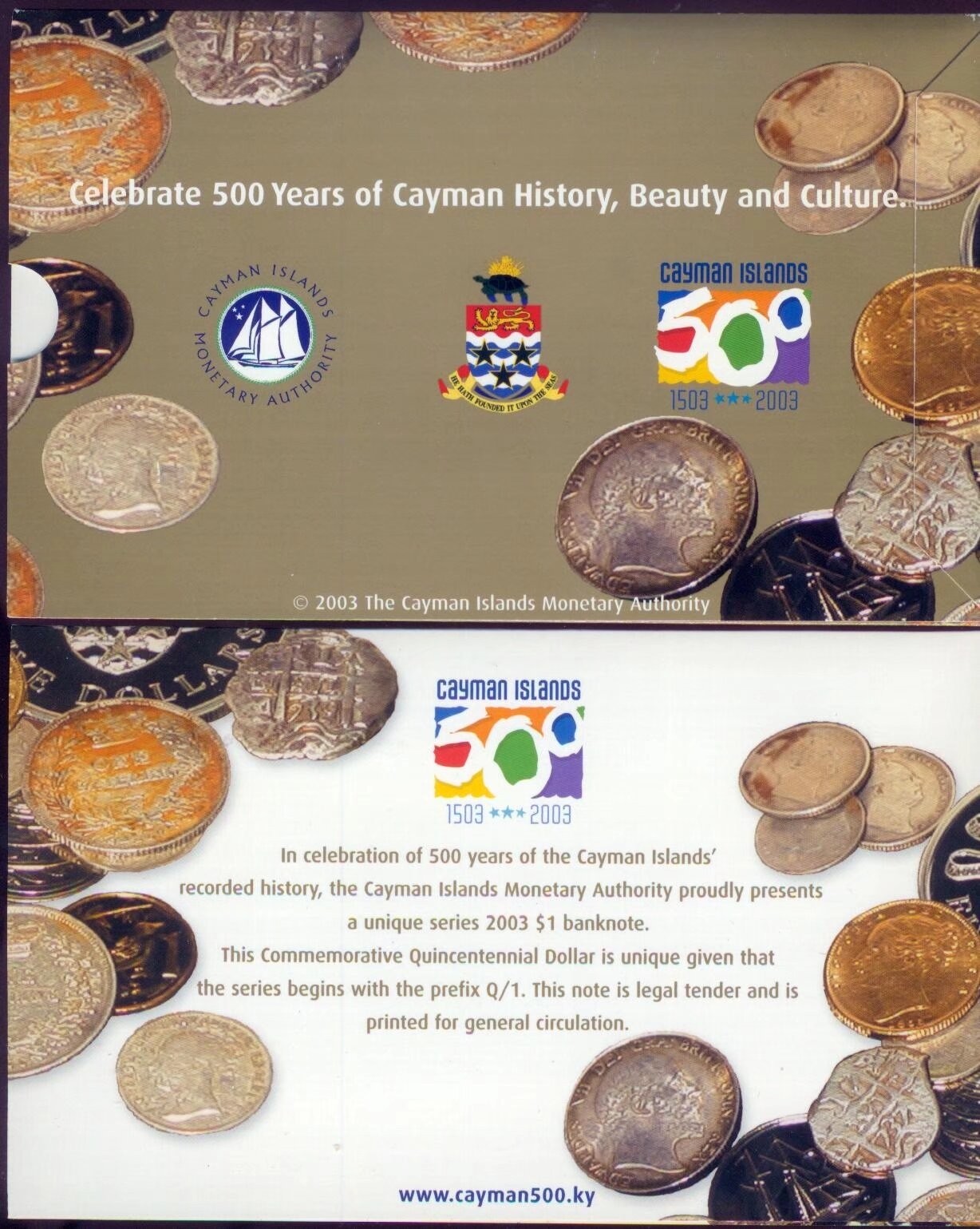 2003年开曼群岛发现开曼500周年1元纪念钞，带原装册