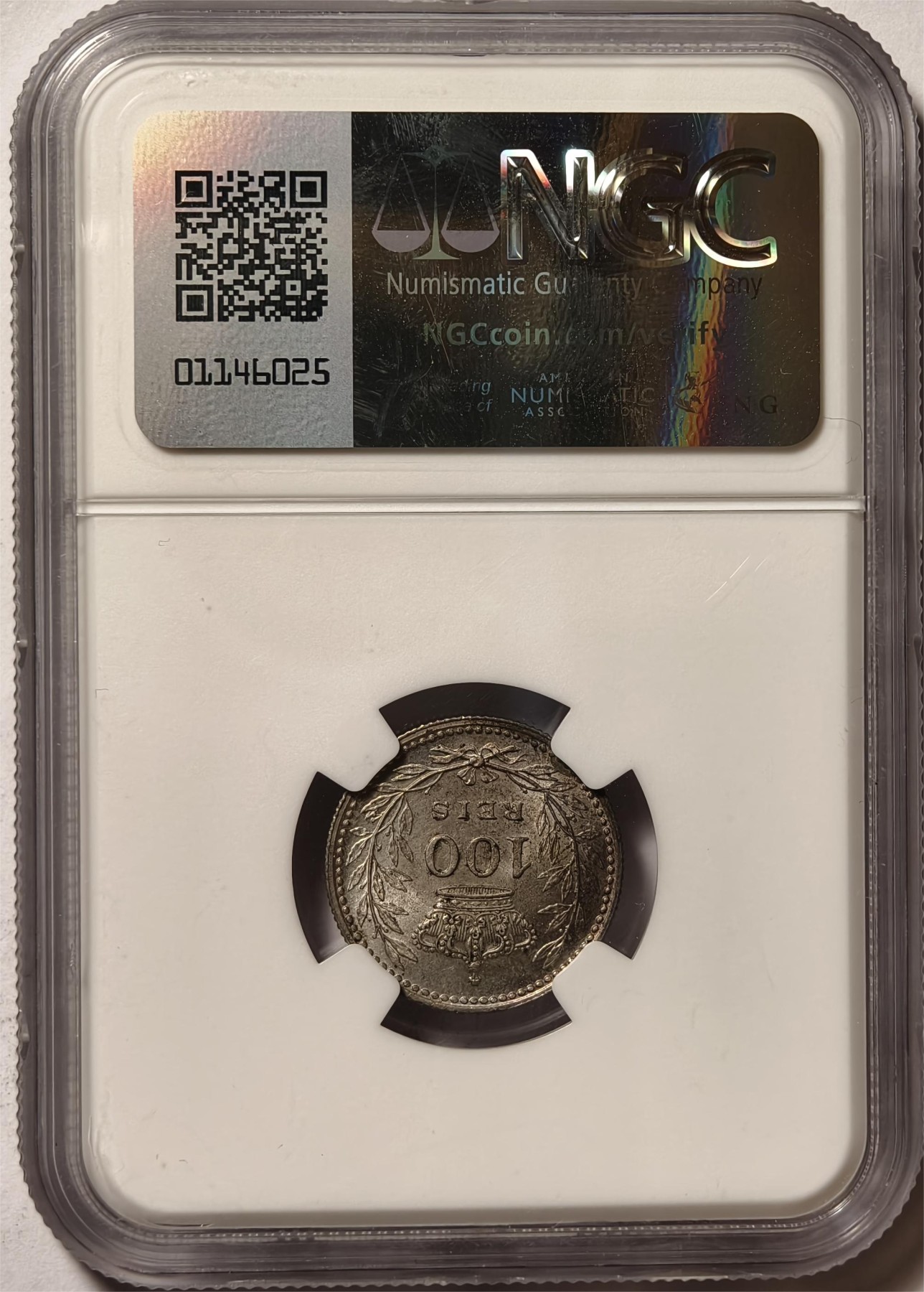 紫瑗钱币——第458期 葡萄牙 1910年 曼努埃尔二世 100瑞斯 银币 NGC MS63 老包浆