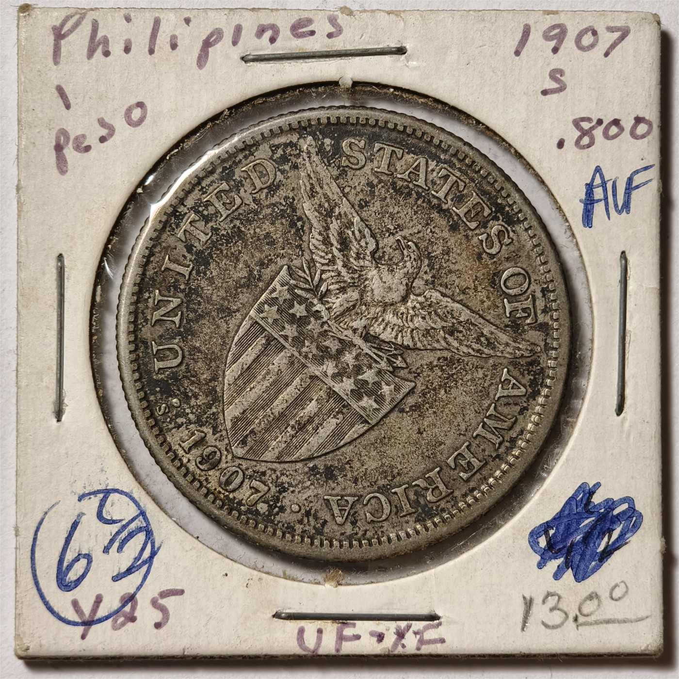 紫瑗钱币——第334期拍卖 美属菲律宾 1907年 女神 1比索 小样 20克 0.8银