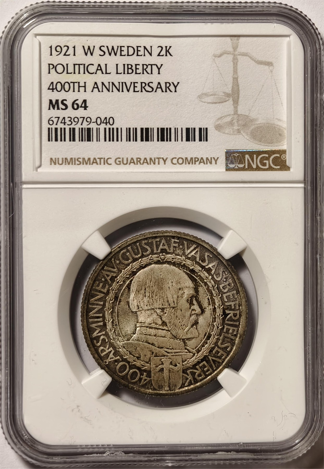 紫瑗钱币——第334期拍卖 瑞典 1921年 政治自由400周年 2克朗 银币 NGC MS64 五彩