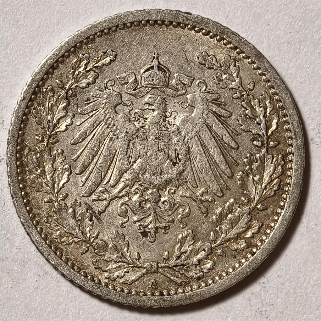 紫瑗钱币——第350期拍卖 德国 1913年 A版 第二帝国 1/2马克 银币 2.77克 0.9银