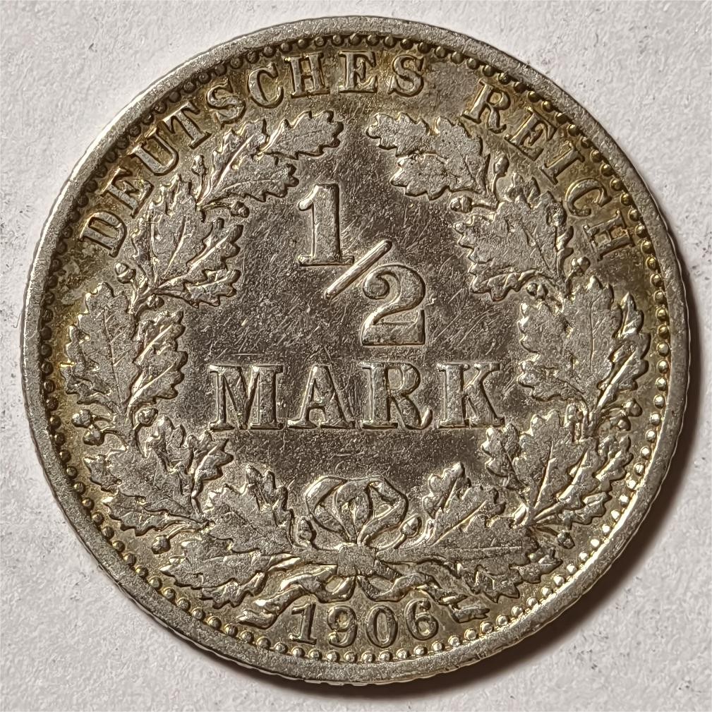 紫瑗钱币——第334期拍卖 德国 1906年 A版 第二帝国 1/2马克 银币 2.77克 0.9银