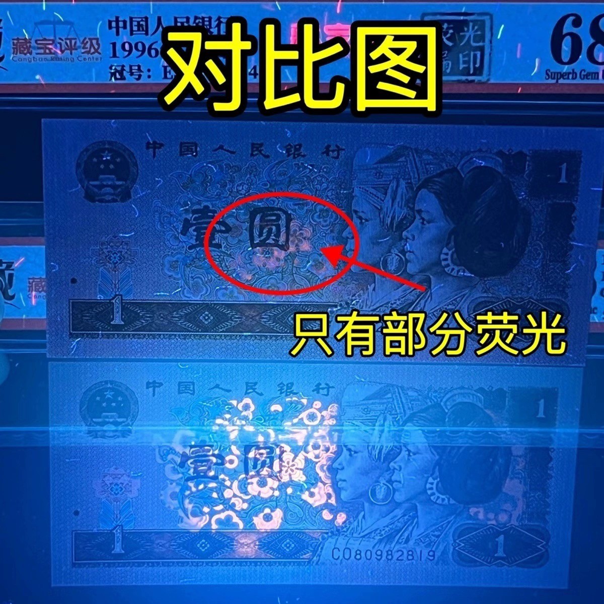 【错版】1996年壹圆，荧光漏印，68分，号码随机发货！