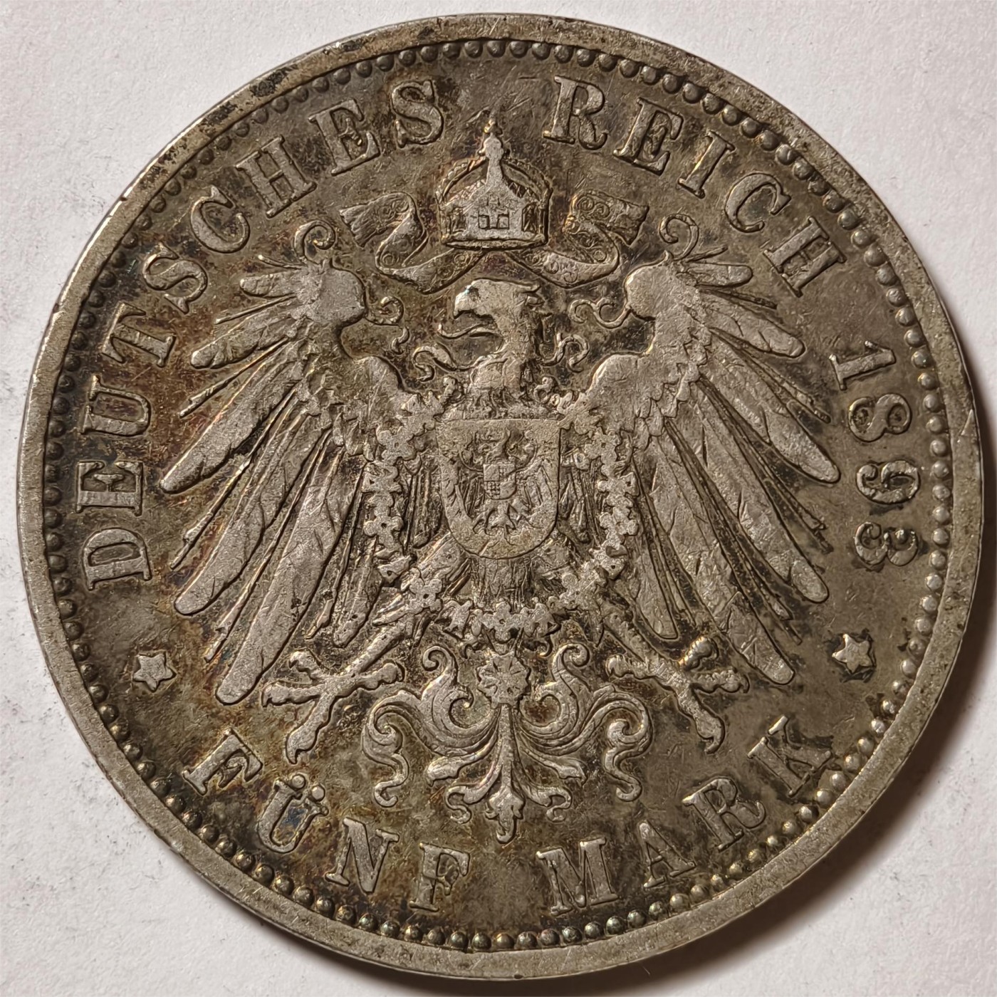 紫瑗钱币——第350期拍卖 德国 普鲁士 1893年 A版 威廉二世 长翅 5马克 27.78克 0.9银 原味包浆