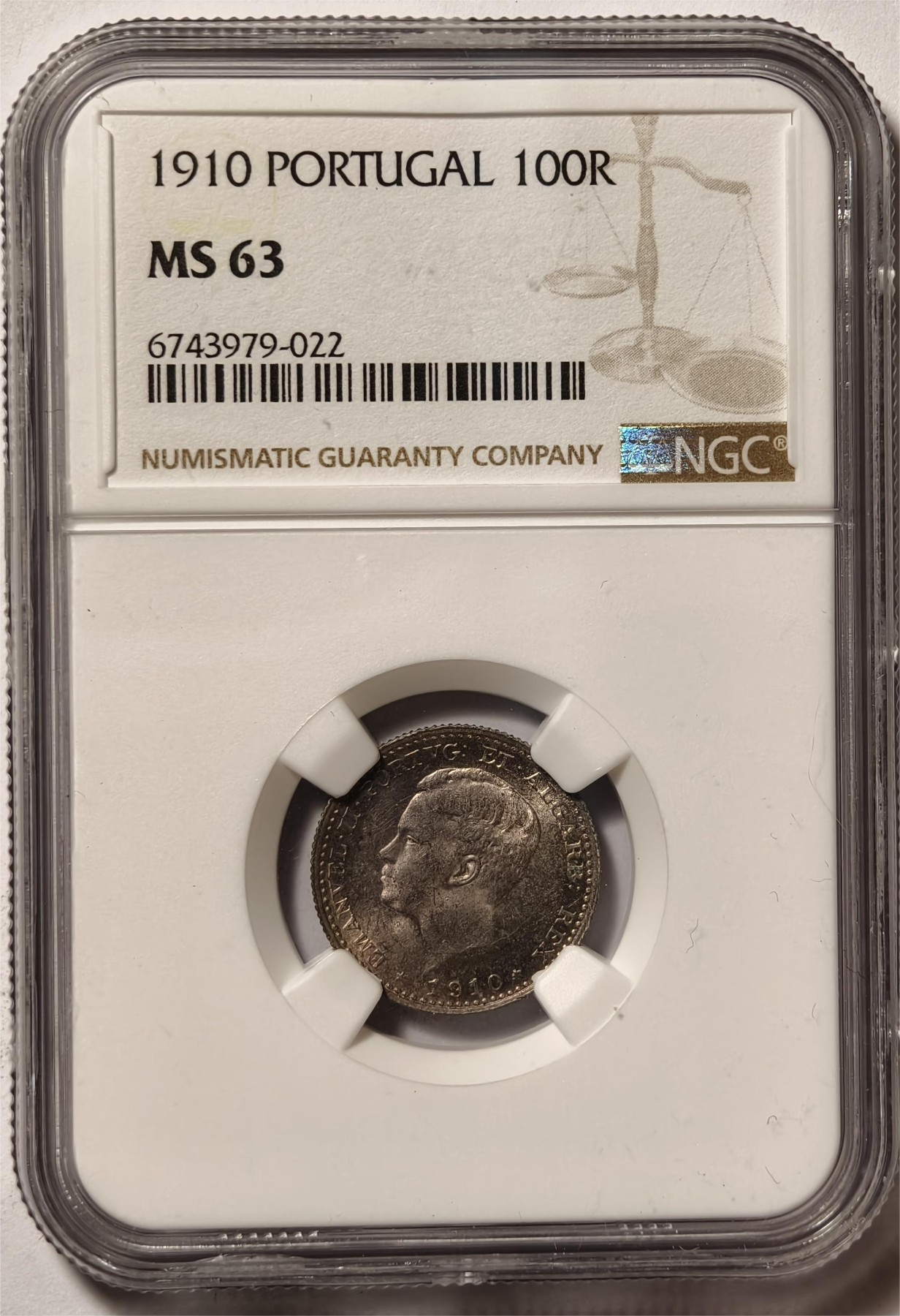 紫瑗钱币——第458期 葡萄牙 1910年 曼努埃尔二世 100瑞斯 银币 NGC MS63 老包浆