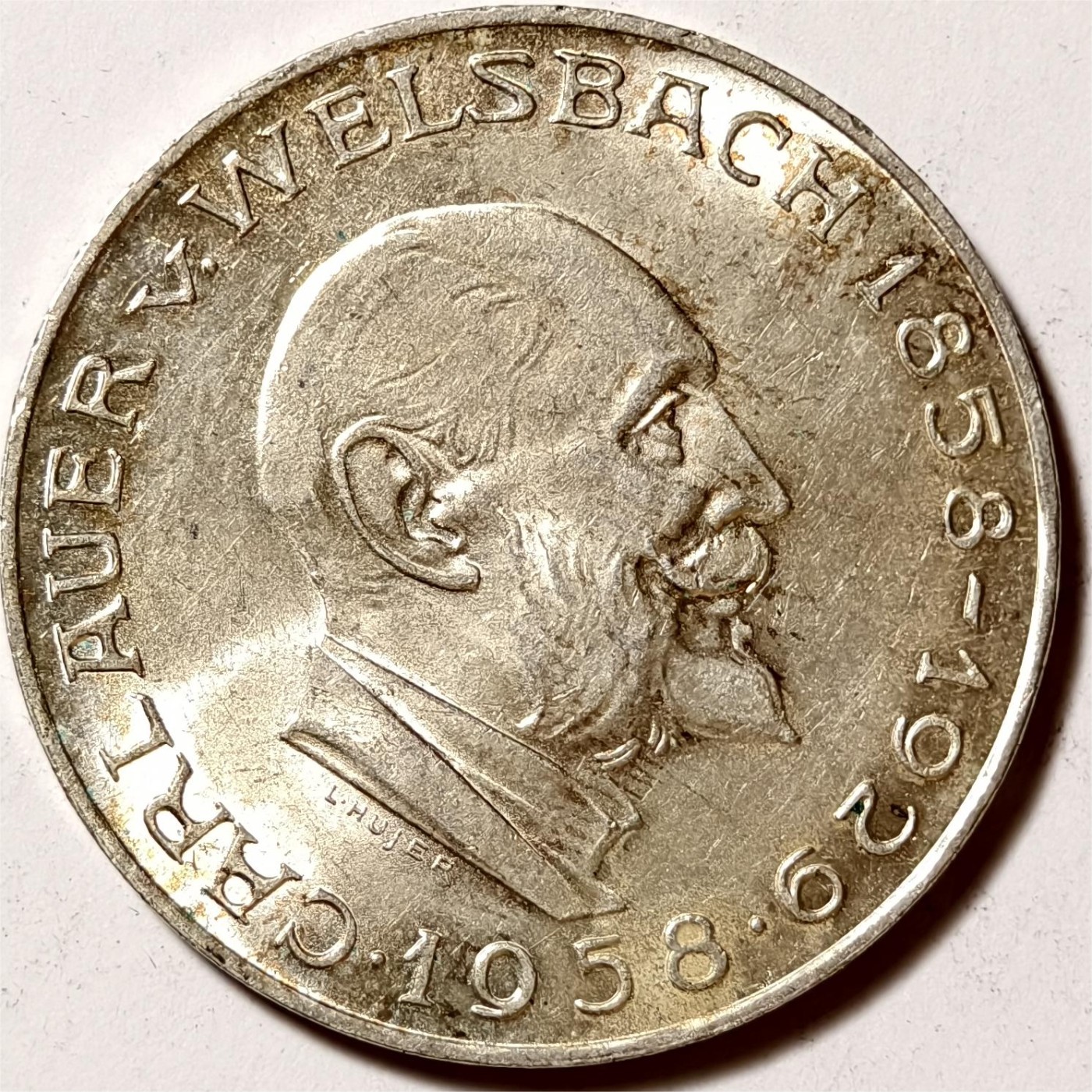 紫瑗钱币——第334期拍卖 奥地利 1958年 化学家奥尔诞辰100周年 25先令 13克 0.8银 UNC