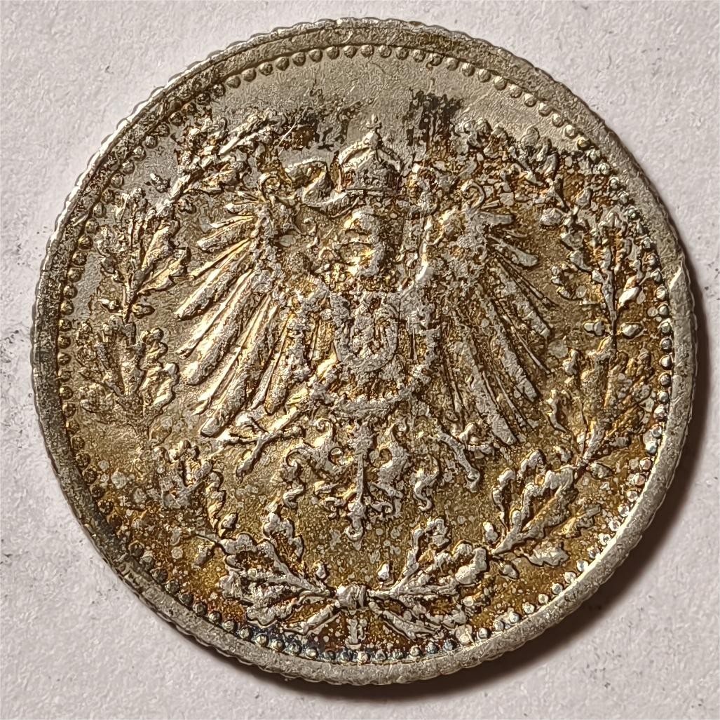 紫瑗钱币——第350期拍卖 德国 1916年 F版 第二帝国 1/2马克 银币 2.77克 0.9银 五彩