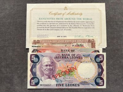 各国外币第28期 - 塞拉利昂一套4张样票样钞 全新带证书