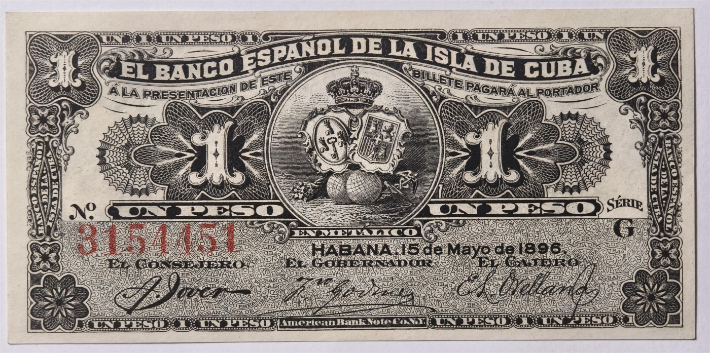 紫瑗钱币——第333期拍卖——纸币场 古巴 1896年 古巴西班牙银行 1比索 UNC