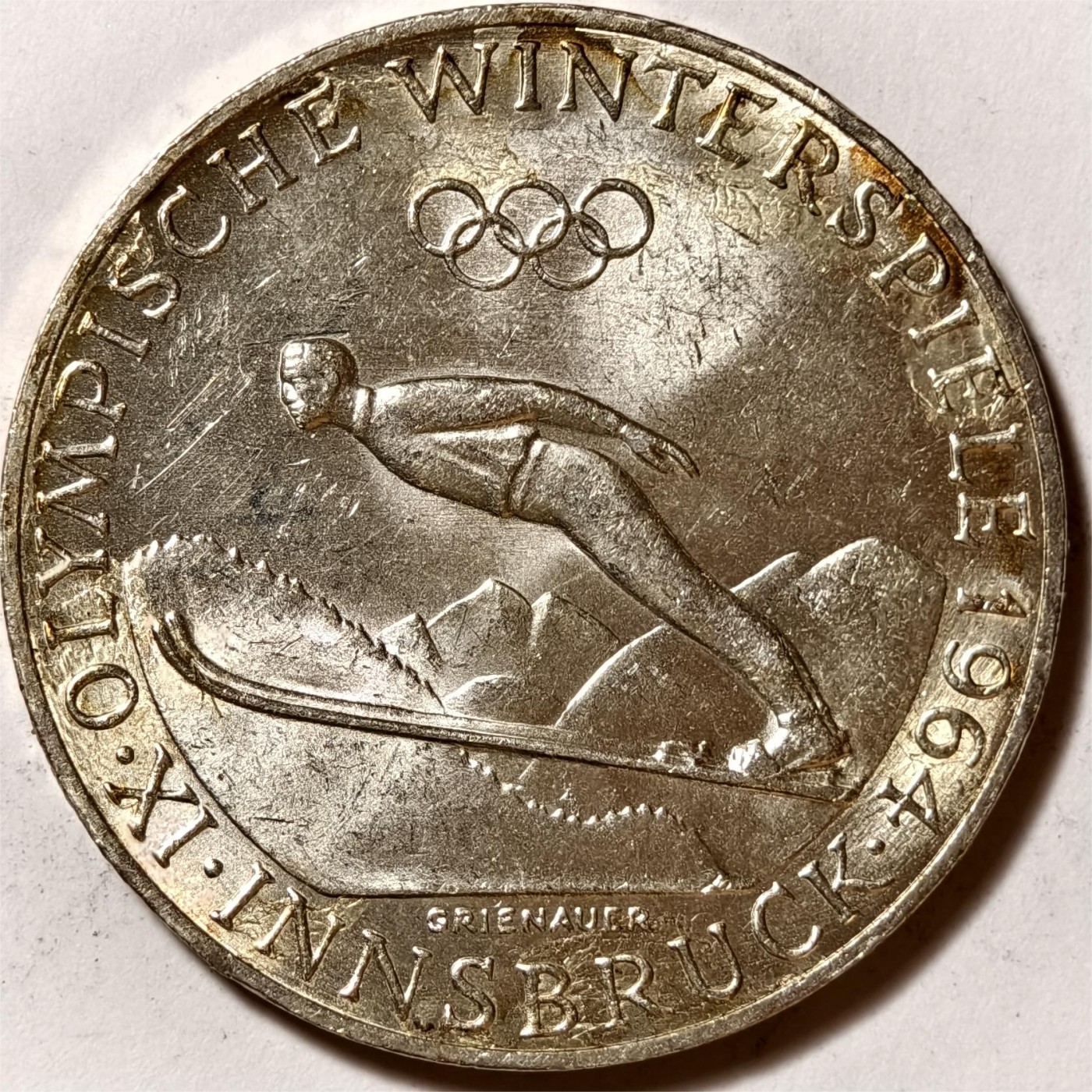 紫瑗钱币——第350期拍卖 奥地利 1964年 因斯布鲁克冬奥会 高台滑雪 50先令 20克 0.9银 UNC