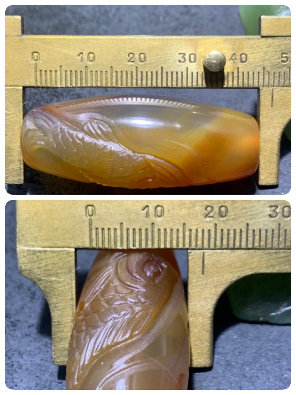 精美亚光高玉化天眼纹巴西玛瑙手工俏色巧雕鲤鱼桶珠一个