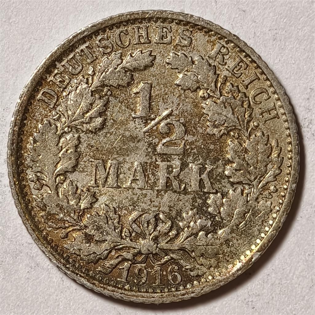 紫瑗钱币——第350期拍卖 德国 1916年 F版 第二帝国 1/2马克 银币 2.77克 0.9银 五彩