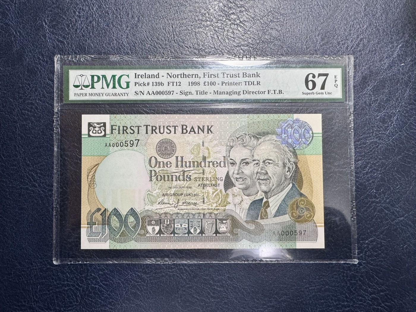 收藏联盟Quantum Auction 第334期拍卖  北爱尔兰第一信用银行1998年100镑首发AA冠百位号 PMG67 号码无4非小号已经400美金+