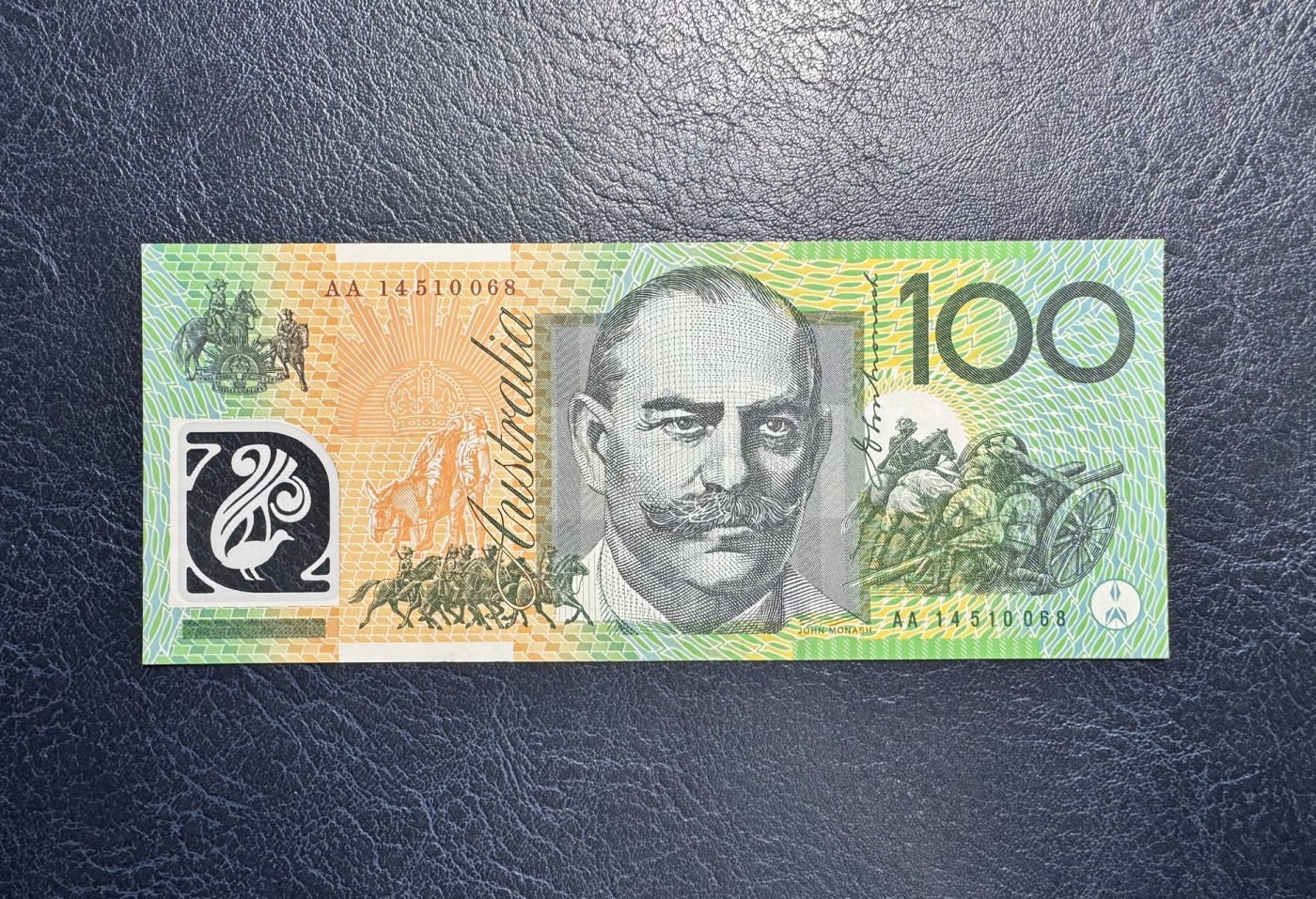 收藏联盟Quantum Auction 第334期拍卖  澳大利亚2014年100元首发AA冠 品相UNC 轻微点钞痕 传奇英雄莫纳什