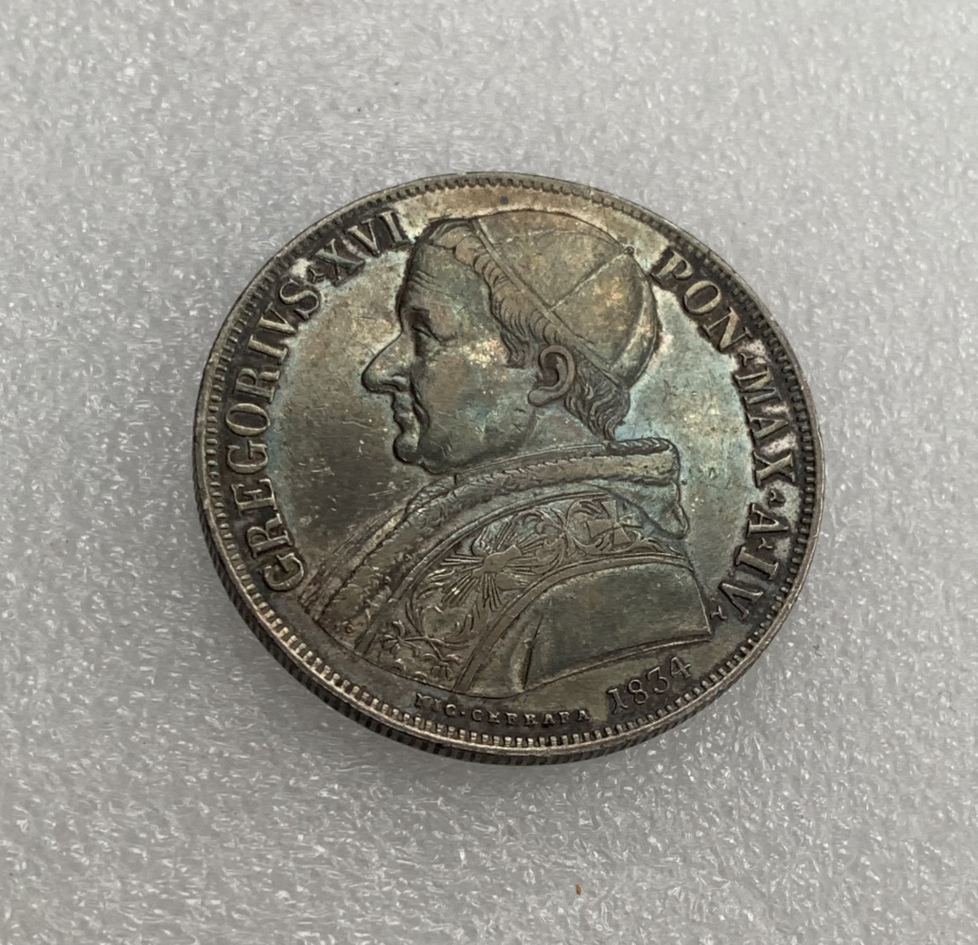 瓶子🏺第134期拍卖会  梵蒂冈1834年耶稣诞生纪念1斯库多大银币 原味大老黑