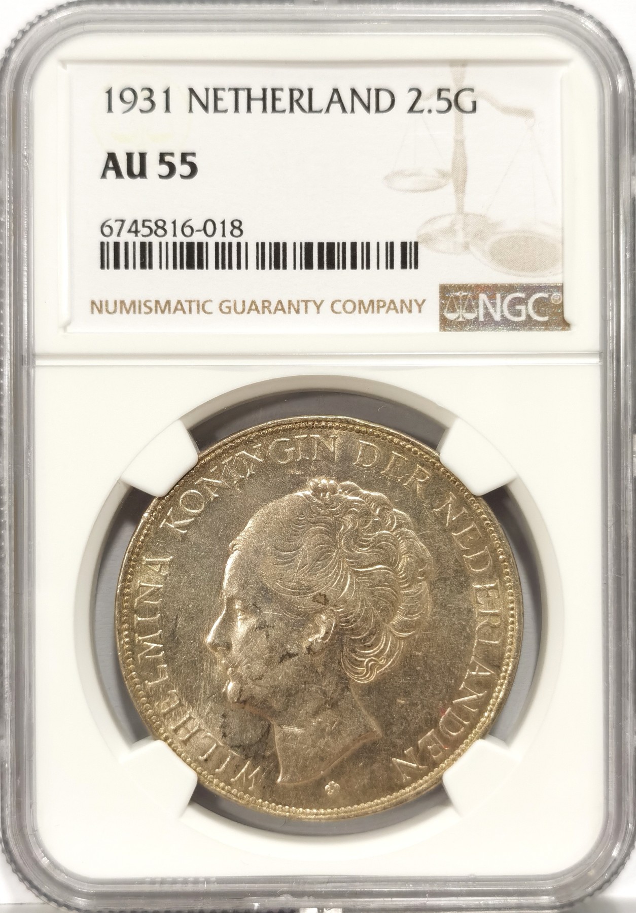 博洋堂世界钱币拍卖第140期（全场包邮） NGC AU55 荷兰1931年威廉明娜女王2.5盾大银币