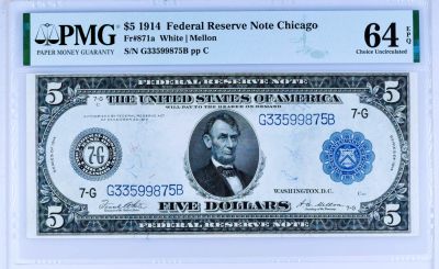 【Blue Auction】✨世界纸币精拍第455期【精】 -  美国 早期 1914年5美金 林肯 经典油画《朝圣者登陆》 雕刻精美 PMG64EPQ 全新原票  目录价介于650（CU63分）-950（GU65分）美金之间