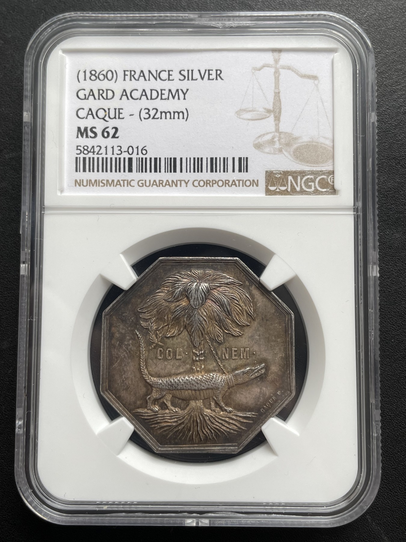 「木头集藏」章牌专场-第39期 法国加德学院银章  直径：32 mm，边铭：蜜蜂 ARGENT（1860-1879年），少见八角。