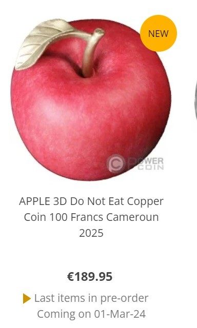 CSIS-GREAT评级精品钱币拍卖第二百四十期 - 喀麦隆 2025苹果镀金彩色立体铜币 带盒证 好号码