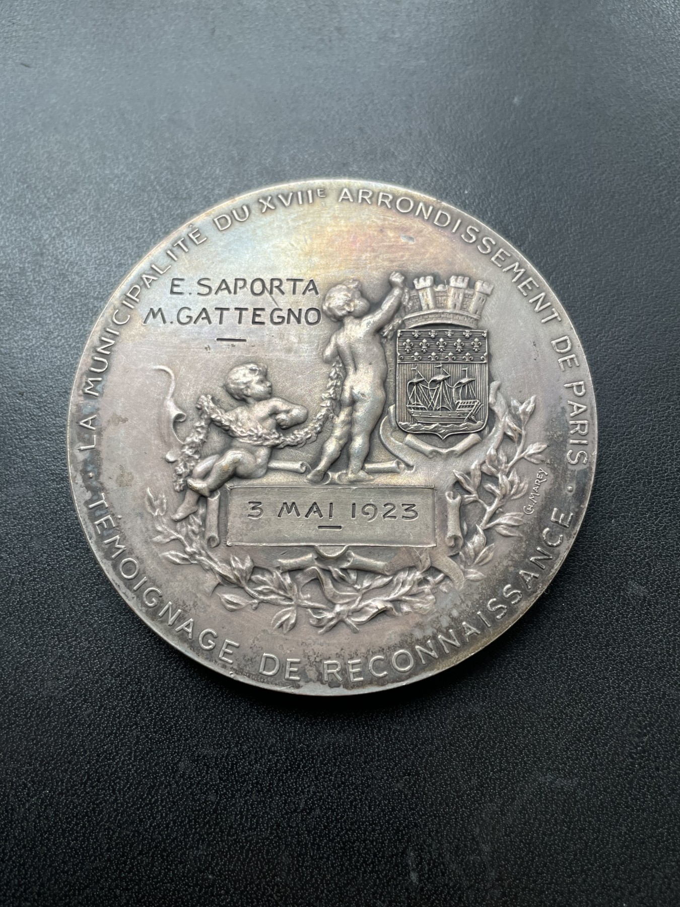 「木头集藏」章牌专场-第39期 D.Dupuis&Marey ～1923年法国巴黎市政镀银大铜章   直径：68 mm，边铭：丰饶角 BRONZE，少见版本。