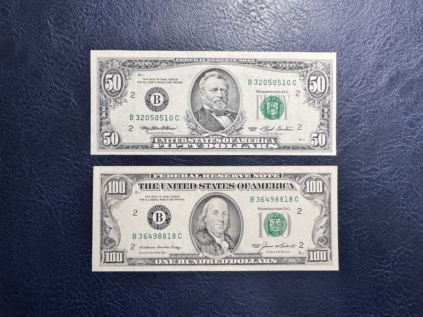 收藏联盟Quantum Auction 第334期拍卖  美国联邦储备1993年50元和1985年100元 品相分别为UNC-和AU