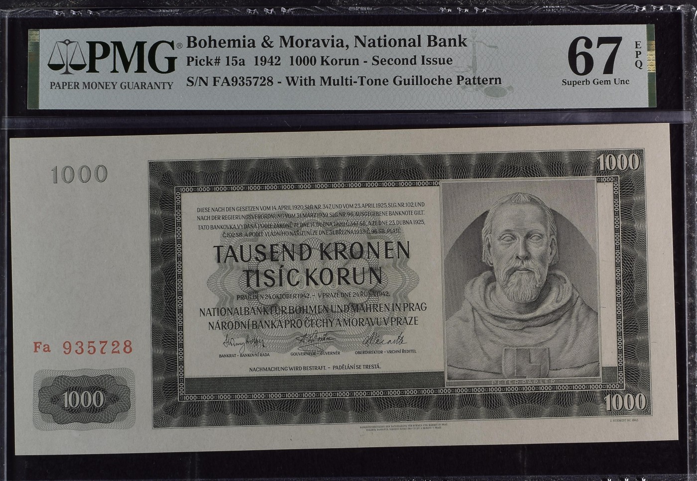 收藏联盟Quantum Auction 第334期拍卖  波西米亚和摩拉维亚1942年1000克朗 PMG67  超大票幅少见实票冠军分 号码无4 建筑师 查理大桥设计者 彼得帕德勒