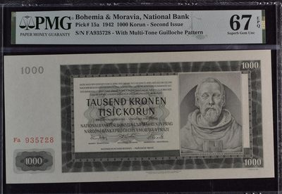 收藏联盟Quantum Auction 第334期拍卖  - 波西米亚和摩拉维亚1942年1000克朗 PMG67  超大票幅少见实票冠军分 号码无4 建筑师 查理大桥设计者 彼得帕德勒