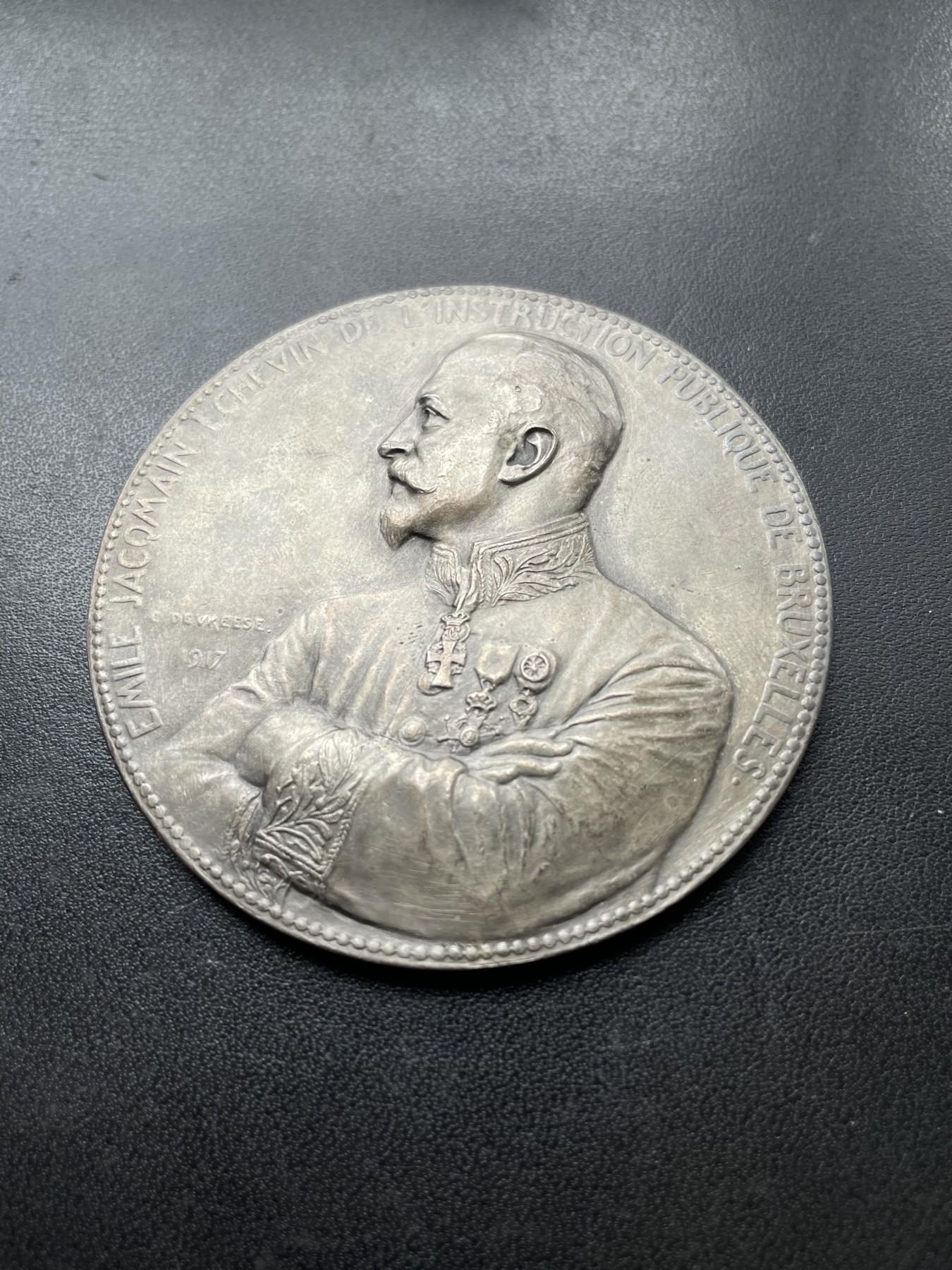 「木头集藏」章牌专场-第39期 Ch. Samuel～1917埃米尔·雅克曼纪念镀银大铜章  直径：65 mm