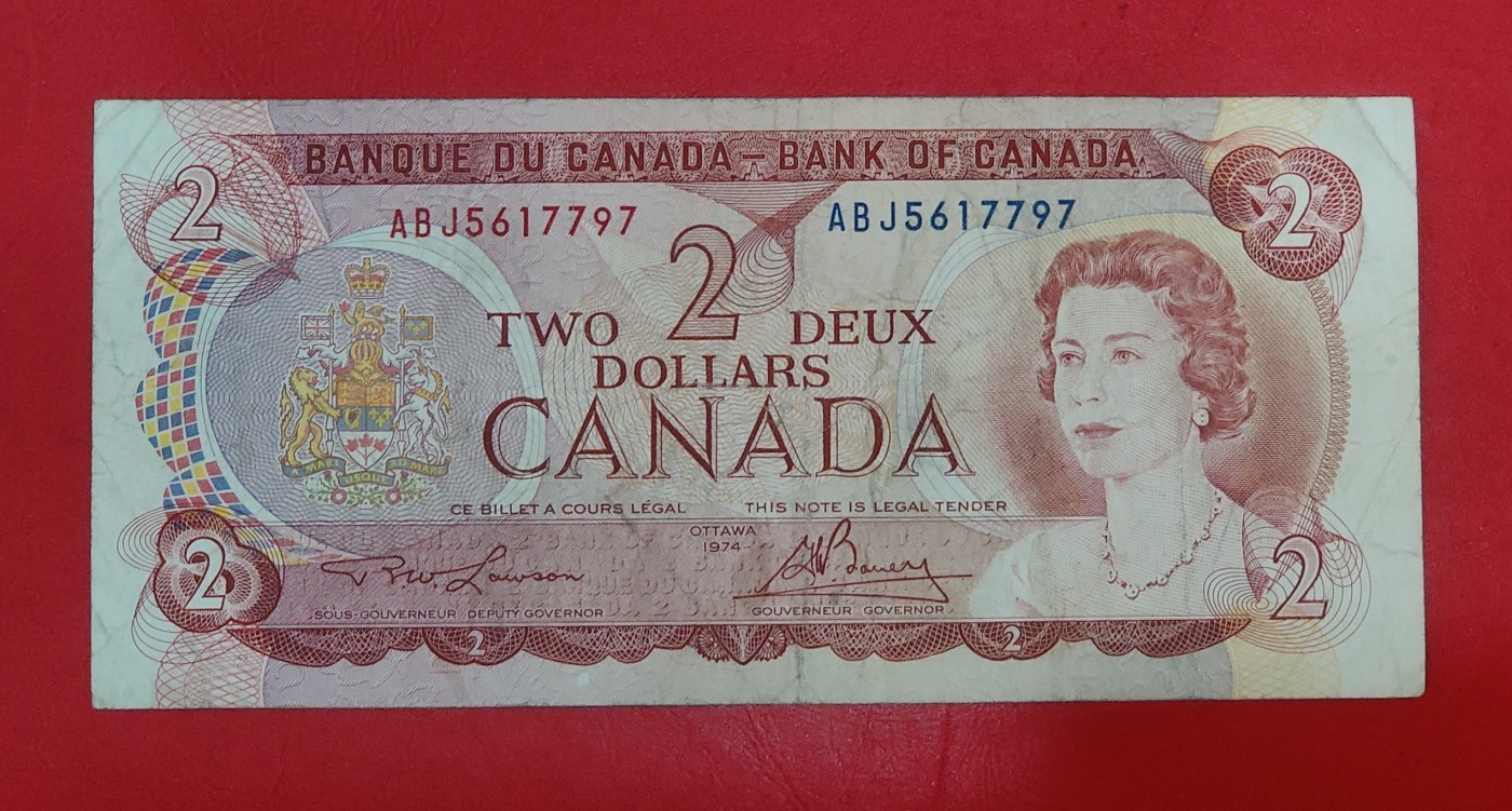 加拿大1974年景观版2元纸币  流通品  七成新