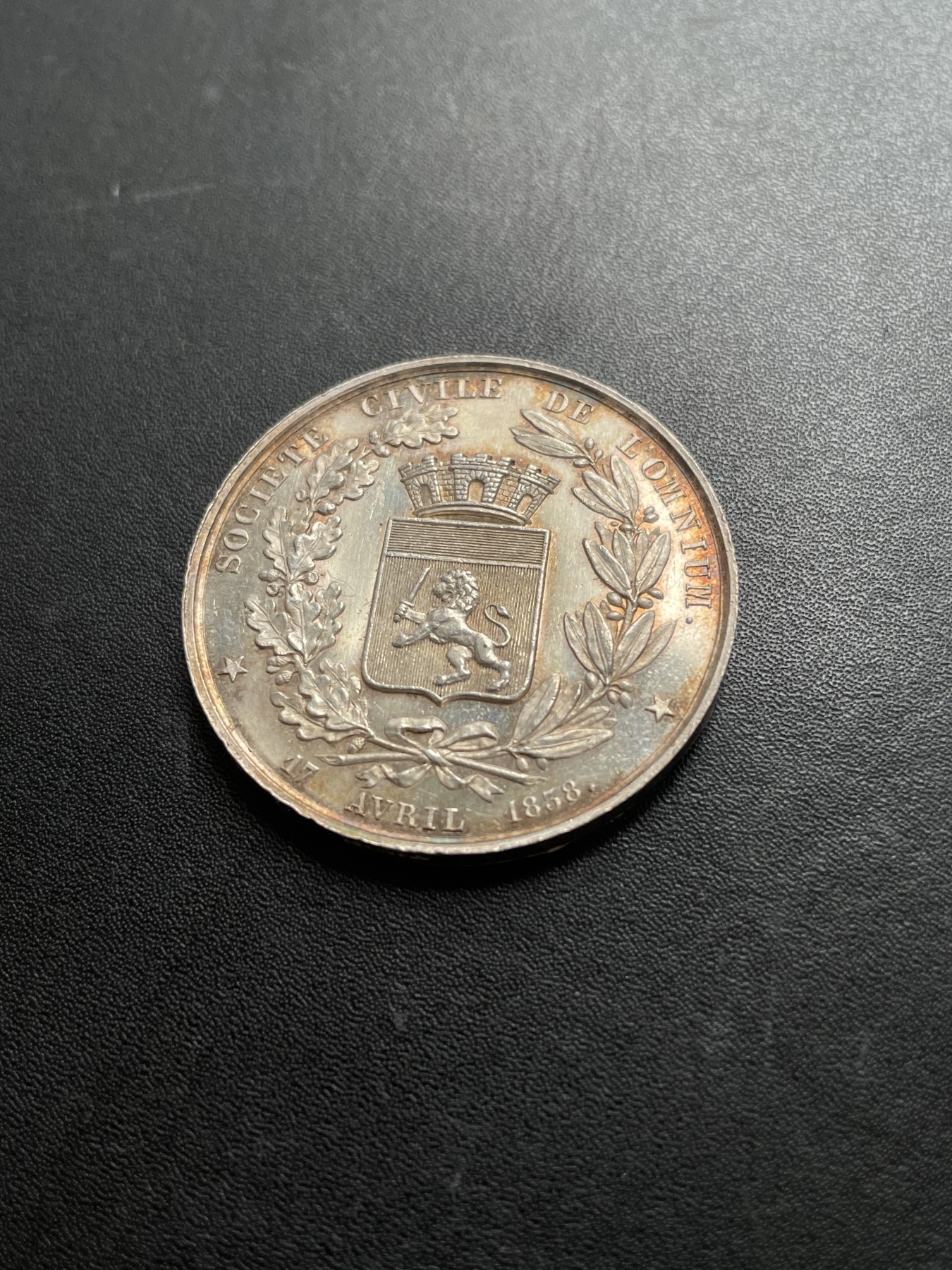 「木头集藏」章牌专场-第39期 Barre～法国里昂公民社会银章 直径：35mm ，16.2 g，边铭：手指 ARGENT （1845-1860年）