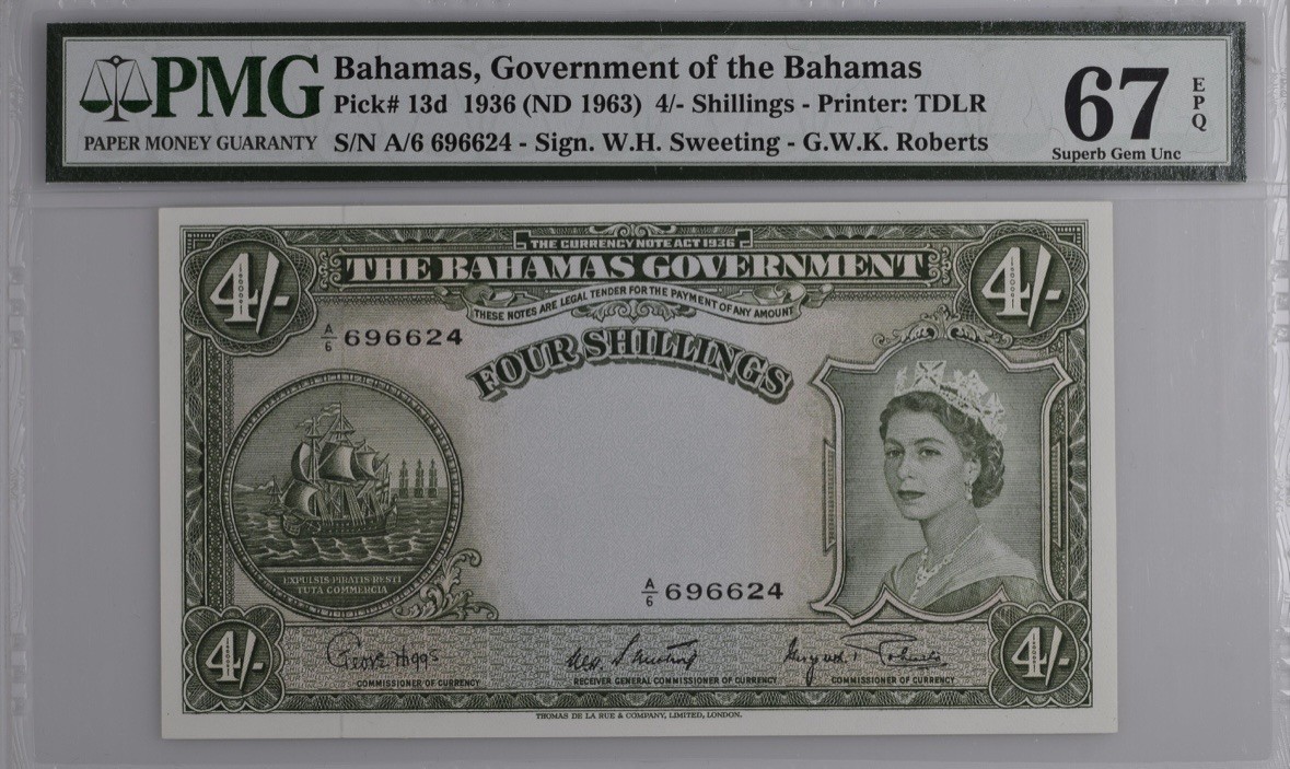 收藏联盟Quantum Auction 第334期拍卖  巴哈马1963年4先令 PMG67  大冠女王 仅一张更高分
