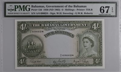 收藏联盟Quantum Auction 第334期拍卖  - 巴哈马1963年4先令 PMG67  大冠女王 仅一张更高分