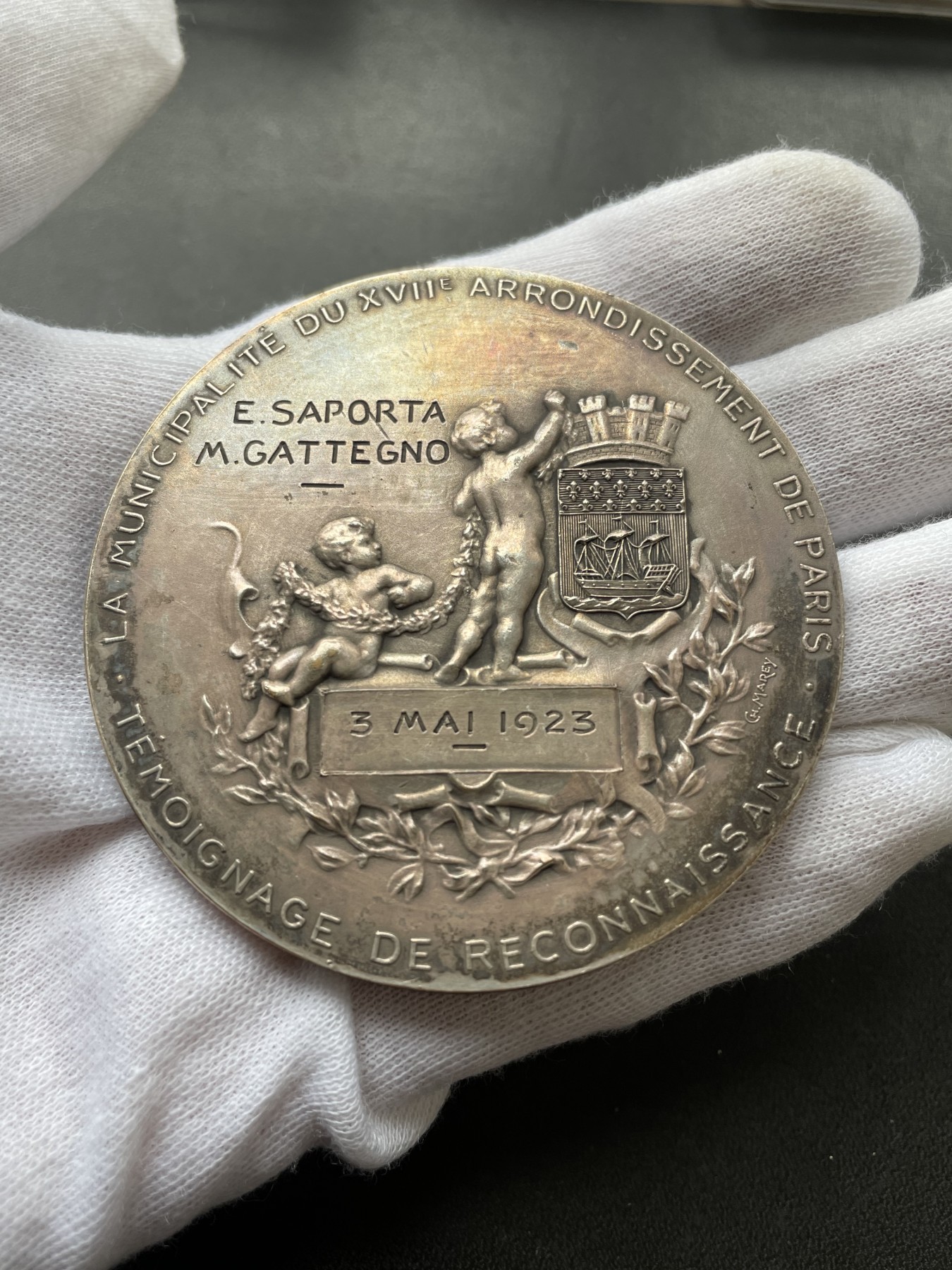 「木头集藏」章牌专场-第39期 D.Dupuis&Marey ～1923年法国巴黎市政镀银大铜章   直径：68 mm，边铭：丰饶角 BRONZE，少见版本。