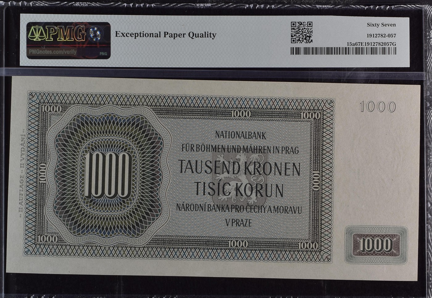 收藏联盟Quantum Auction 第334期拍卖  波西米亚和摩拉维亚1942年1000克朗 PMG67  超大票幅少见实票冠军分 号码无4 建筑师 查理大桥设计者 彼得帕德勒