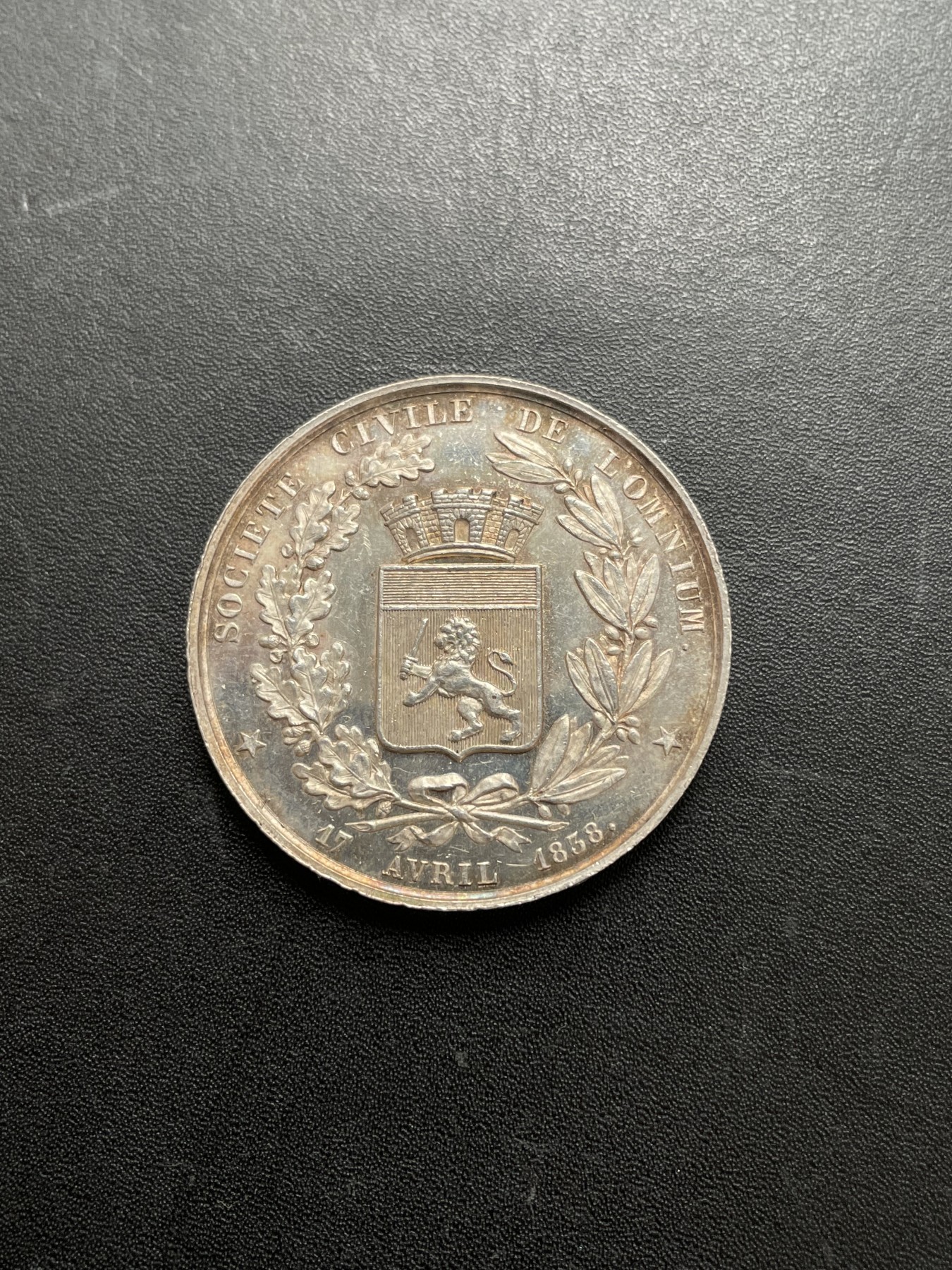 「木头集藏」章牌专场-第39期 Barre～法国里昂公民社会银章 直径：35mm ，16.2 g，边铭：手指 ARGENT （1845-1860年）