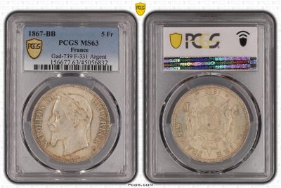 PCGS-MS63法国1867年BB厂拿破仑三世5法郎银币