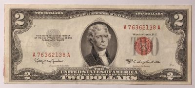 紫瑗钱币——第335期拍卖——纸币场 - 美国 1953年 C序列 托马斯·杰斐逊 2美元 红印 政府券 AU