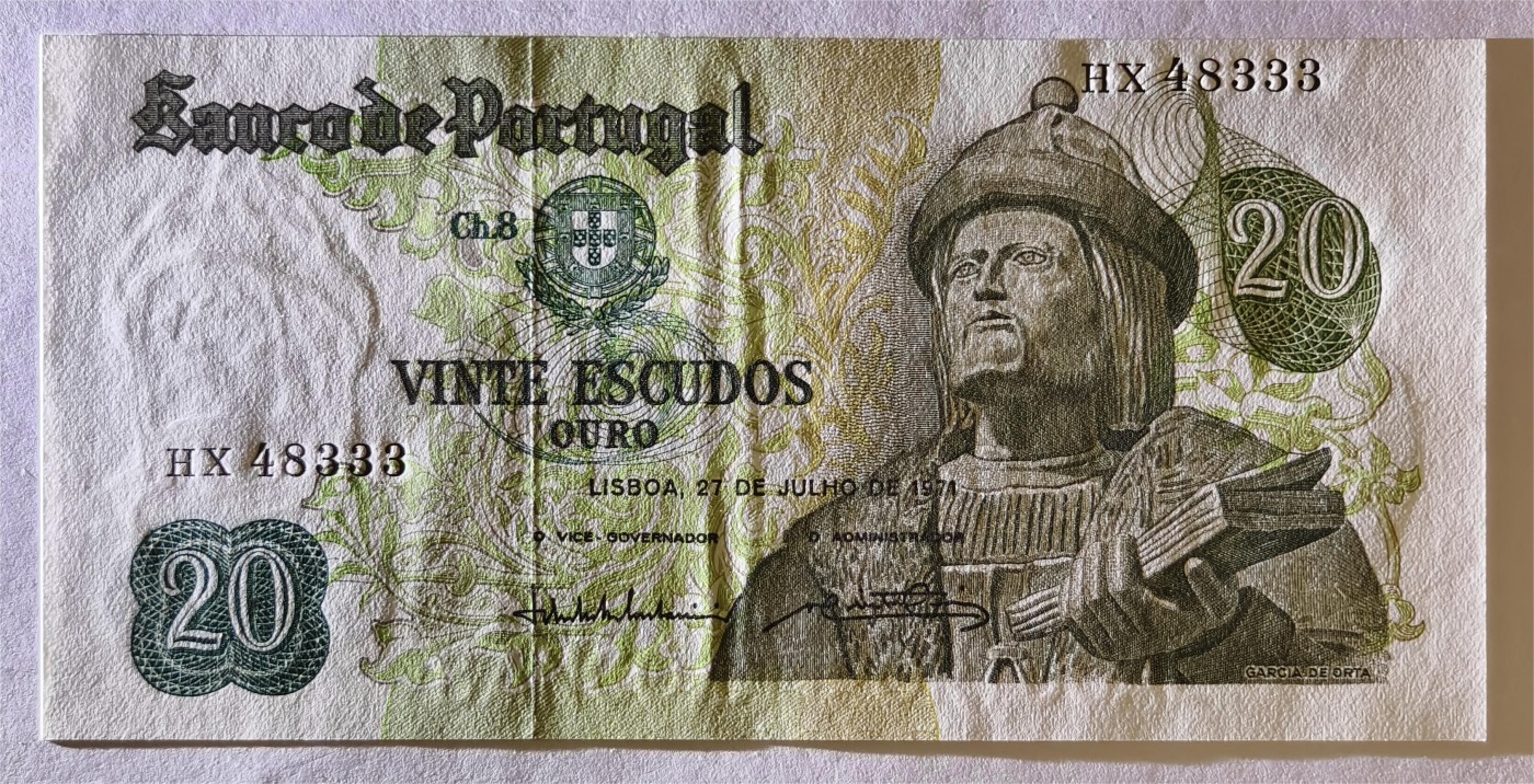 紫瑗钱币——第335期拍卖——纸币场 【豹子号3】葡萄牙 1971年7月27日 加西亚·德·奥尔塔 20埃斯库多 UNC