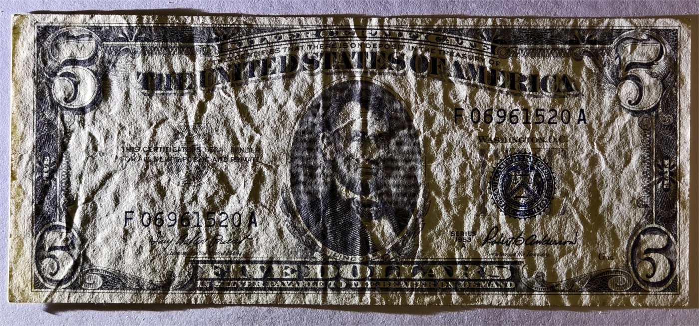 紫瑗钱币——第335期拍卖——纸币场 美国 1953年 A序列 亚伯拉罕·林肯 5美元 蓝印 银元券 流通品