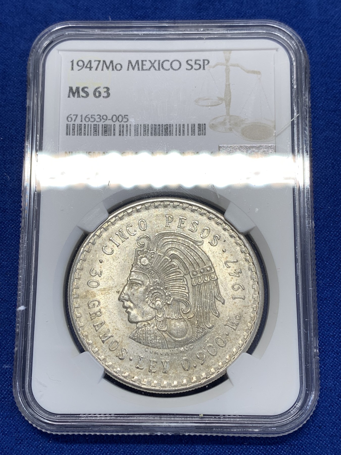 《竞宝斋》第253场-周日，周一，周二 3场连拍 (全场包邮) NGC MS63 1947年墨西哥印第安人5比索大银币 品相不错