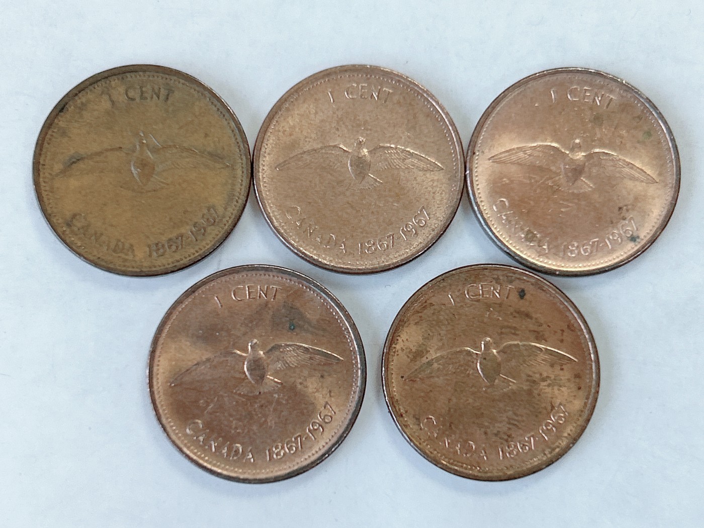 第一海外回流一元起拍收藏 散币专场 第75期 加拿大1967年联邦百年1分纪念币 5枚