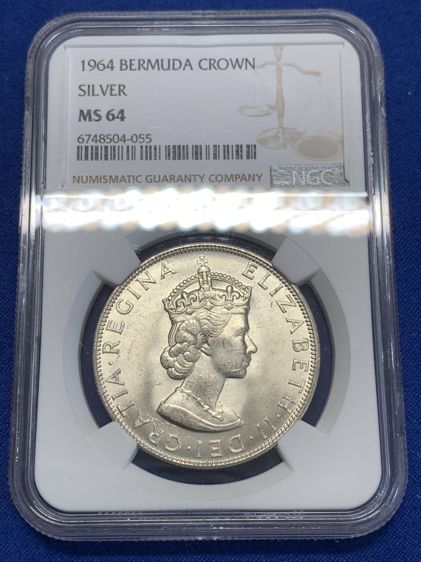 《竞宝斋》第253场-周日，周一，周二 3场连拍 (全场包邮) NGC MS64 英属百慕大1964年伊丽莎白二世青年头像1克朗银币 经典女王头像 