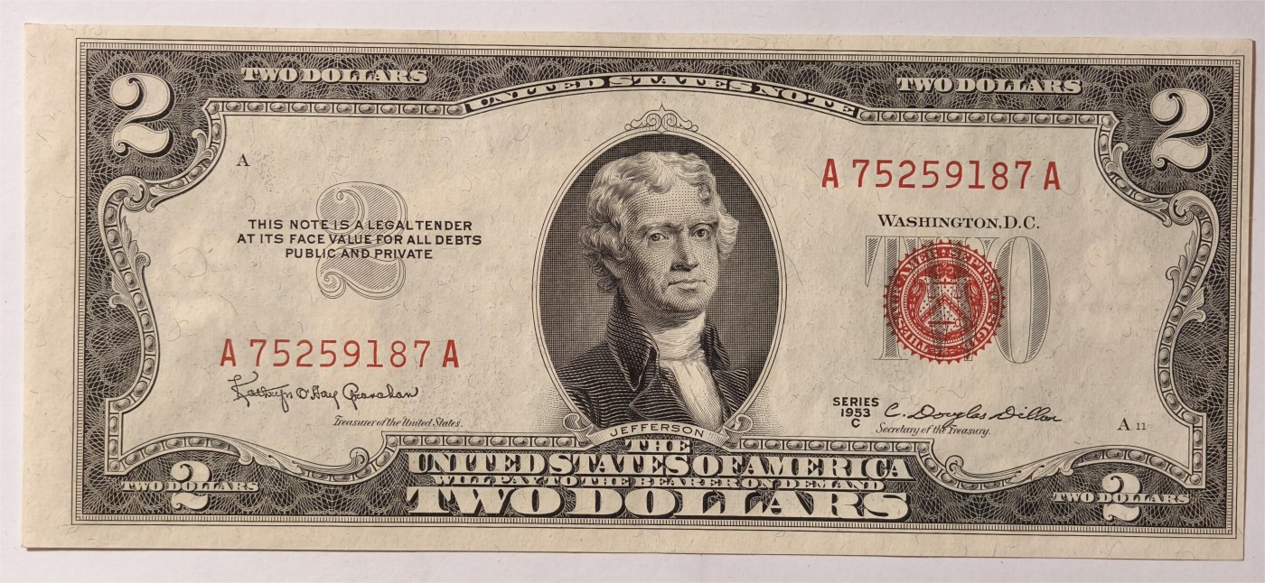 紫瑗钱币——第335期拍卖——纸币场 美国 1953年 C序列 托马斯·杰斐逊 2美元 红印 政府券 AU
