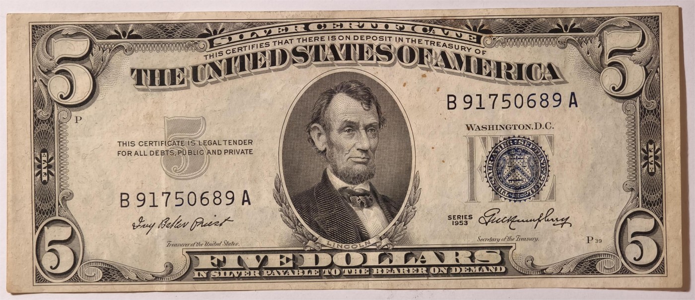 紫瑗钱币——第335期拍卖——纸币场 美国 1953年 无序列 亚伯拉罕·林肯 5美元 蓝印 银元券 流通品