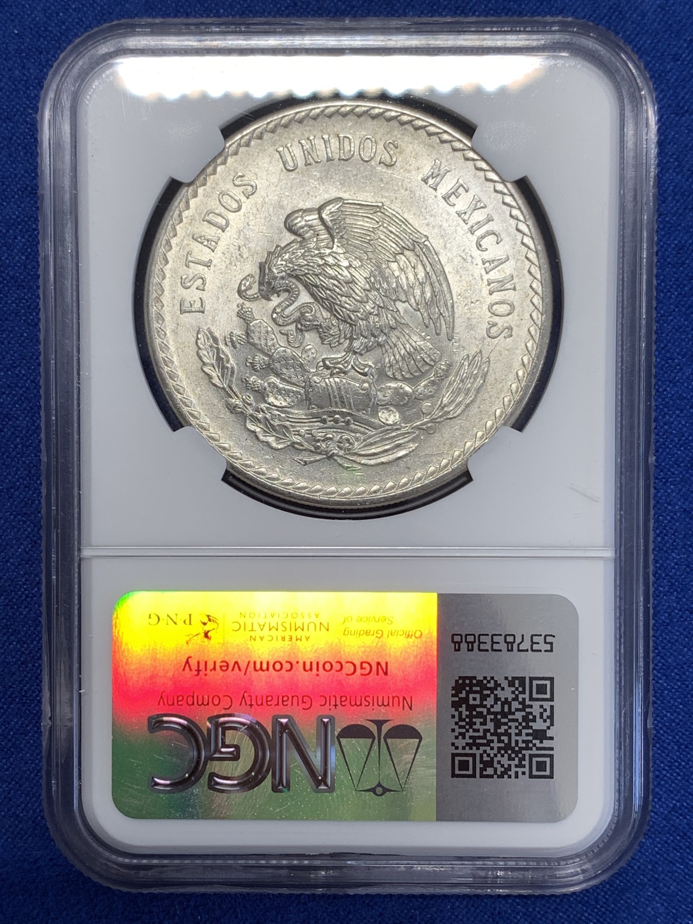 《竞宝斋》第253场-周日，周一，周二 3场连拍 (全场包邮) NGC MS63 1947年墨西哥印第安人5比索大银币 品相不错