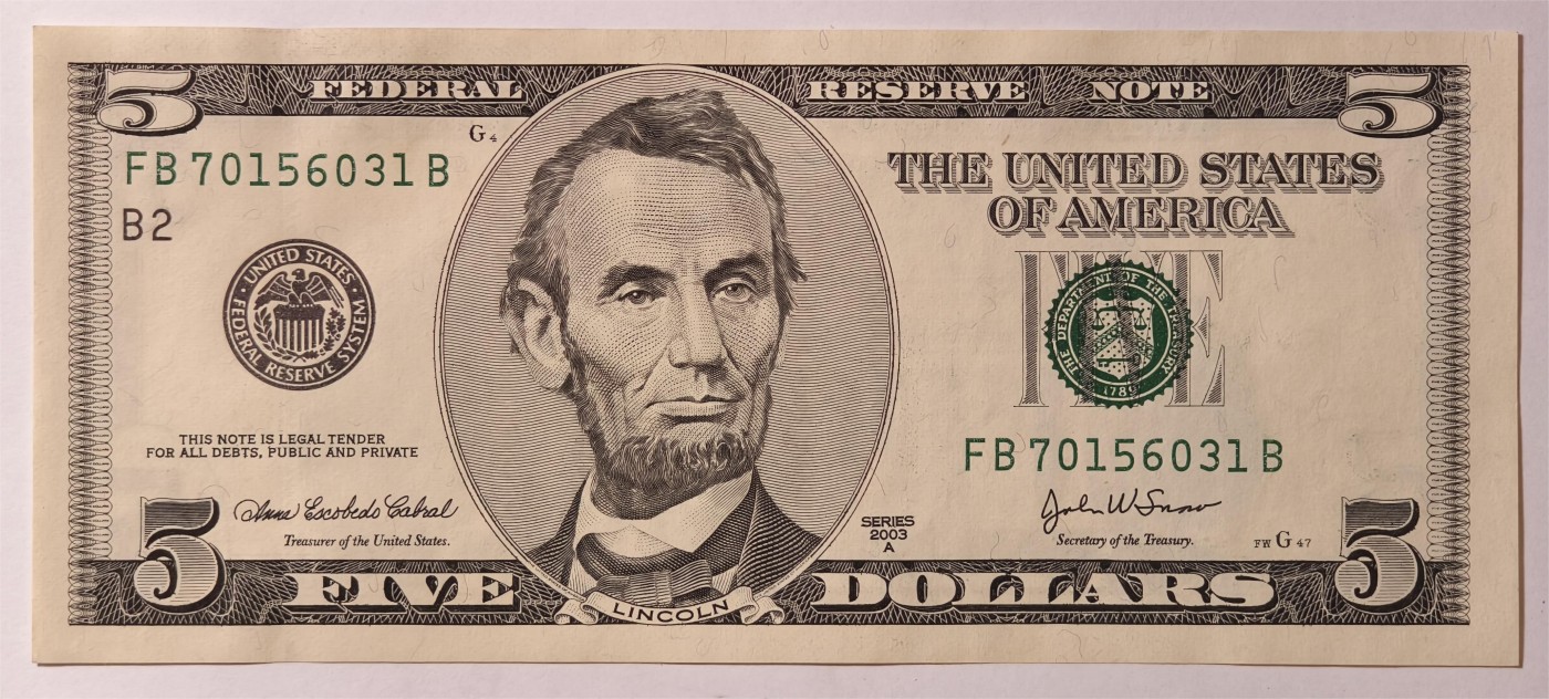 紫瑗钱币——第335期拍卖——纸币场 美国 2003年 B版 A序列 亚伯拉罕·林肯 5美元 大头版 UNC